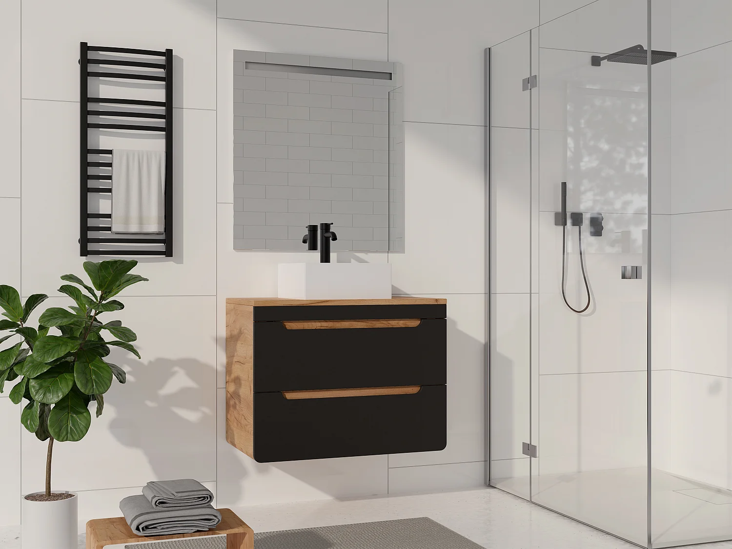 Hangmeubel voor badkamer met waskom om erop te plaatsen, 80 cm, licht naturel en antraciet, ARUBA
