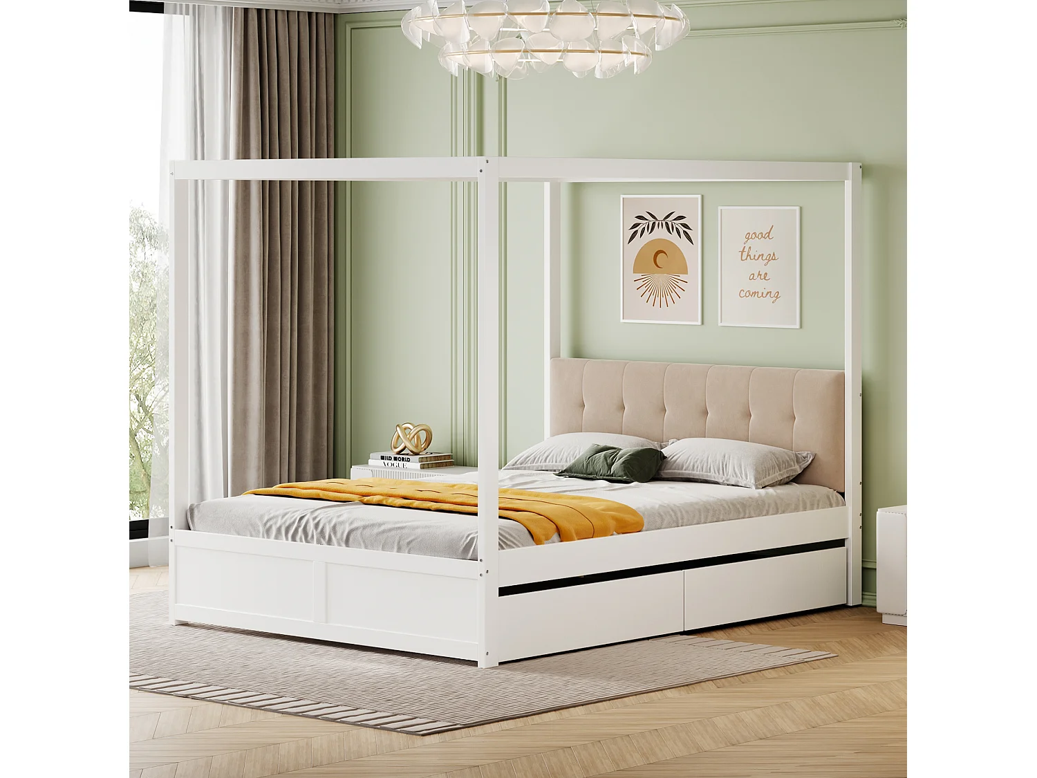 Hemelbed 140 x 200 cm met 2 grote lades en zachte rugleuning, MDF hout, Wit
