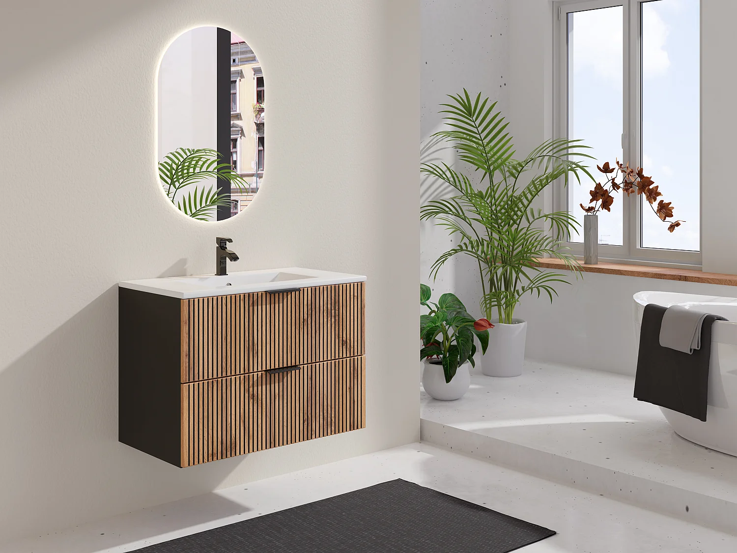 Gestreept hangend meubel onder wastafel, licht naturel en zwart, 80 cm, MADELA
