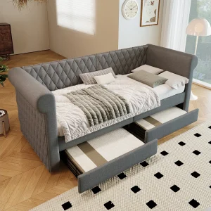 Gestoffeerd bed 90 x 200 cm met 2 lades, slaapbank – linnen stof – grijs (zonder matras)