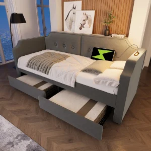 Gestoffeerd bed 90 x 200 cm met 2 lades, slaapbank met 2 lades, leeslamp en USB Type-C stopcontact – Fluweel – Grijs (zonder matras)