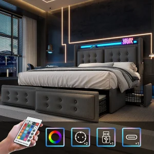 Gestoffeerd bed 140 x 200 cm met 4 lades, LED-hoofdbord, USB Type-C-aansluiting – Katoenen stof – Grijs (zonder matras) Gestoffeerd bed 140 x 200 cm met 4 lades, LED-hoofdbord, USB Type-C-aansluiting – Katoenen stof – Grijs (zonder matras)