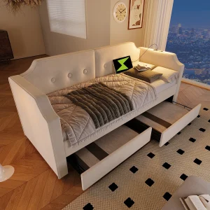 Gestoffeerd bed 90 x 200 cm met 2 lades, slaapbank met 2 lades, leeslamp en USB Type-C-aansluiting – Fluweel – Beige (zonder matras)