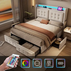 Gestoffeerd bed 140 x 200 cm met 4 lades, LED-hoofdbord, USB Type-C-aansluiting – Katoenen stof – Beige (zonder matras) Gestoffeerd bed 140 x 200 cm met 4 lades, LED-hoofdbord, USB Type-C-aansluiting – Katoenen stof – Beige (zonder matras)