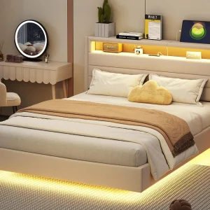 Gewatteerd bed 140x200cm in linnenstof – met USB en LED-aansluiting – omkeerbaar hoofdeinde – Beige Gewatteerd bed 140x200cm in linnenstof – met USB en LED-aansluiting – omkeerbaar hoofdeinde – Beige
