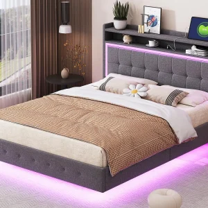 Gewatteerd bed van 140x200cm in linnenstof – met USB en LED-aansluiting – Grijs Gewatteerd bed van 140x200cm in linnenstof – met USB en LED-aansluiting – Grijs