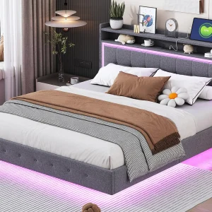 Gewatteerd bed van 160x200cm in linnenstof – met USB en LED-aansluiting – Grijs Gewatteerd bed van 160x200cm in linnenstof – met USB en LED-aansluiting – Grijs