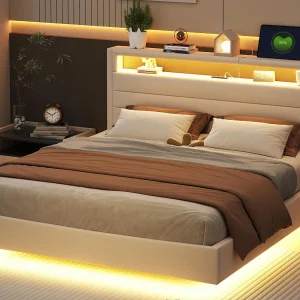 Gewatteerd bed 160x200cm in linnenstof – met USB en LED-aansluiting – omkeerbaar hoofdeinde – Beige Gewatteerd bed 160x200cm in linnenstof – met USB en LED-aansluiting – omkeerbaar hoofdeinde – Beige