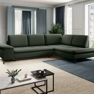 Grote hoekslaapbank met hoek rechts van groene stof met textuur ARCHIBALD Grote hoekslaapbank met hoek rechts van groene stof met textuur ARCHIBALD