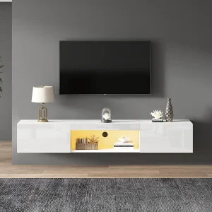 Hangend TV-meubel met 2 deuren en open vak – 160 x 31 x 22 cm – LED's – Spaanplaat – Glanzend wit Hangend TV-meubel met 2 deuren en open vak – 160 x 31 x 22 cm – LED's – Spaanplaat – Glanzend wit