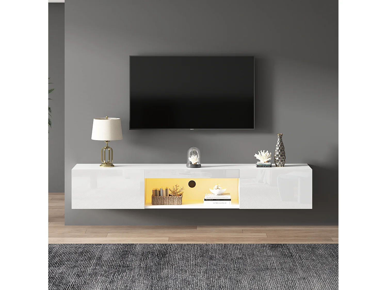 Hangend TV-meubel met 2 deuren en open vak - 160 x 31 x 22 cm - LED's - Spaanplaat - Glanzend wit