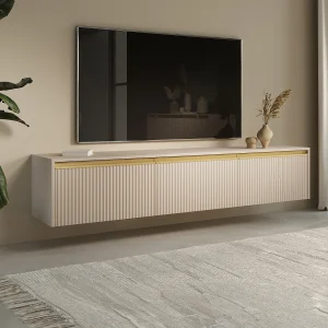 Hangend of staand tv-meubel met 3 deurtjes van mdf – Beige en goudkleurig – POSINIA Hangend of staand tv-meubel met 3 deurtjes van mdf – Beige en goudkleurig – POSINIA