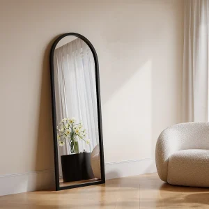 Grote boogvormige spiegel van paulowniahout – L65 x H170 cm – Zwart – SHANGI
