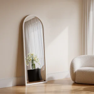 Grote boogvormige spiegel van paulowniahout – L65 x H170 cm – Zwart – SHANGI