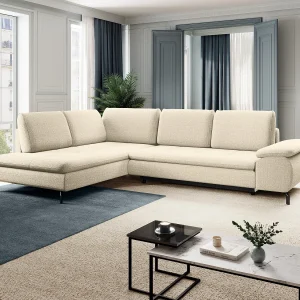Grote hoekslaapbank met hoek links van beige stof met textuur ARCHIBALD Grote hoekslaapbank met hoek links van beige stof met textuur ARCHIBALD
