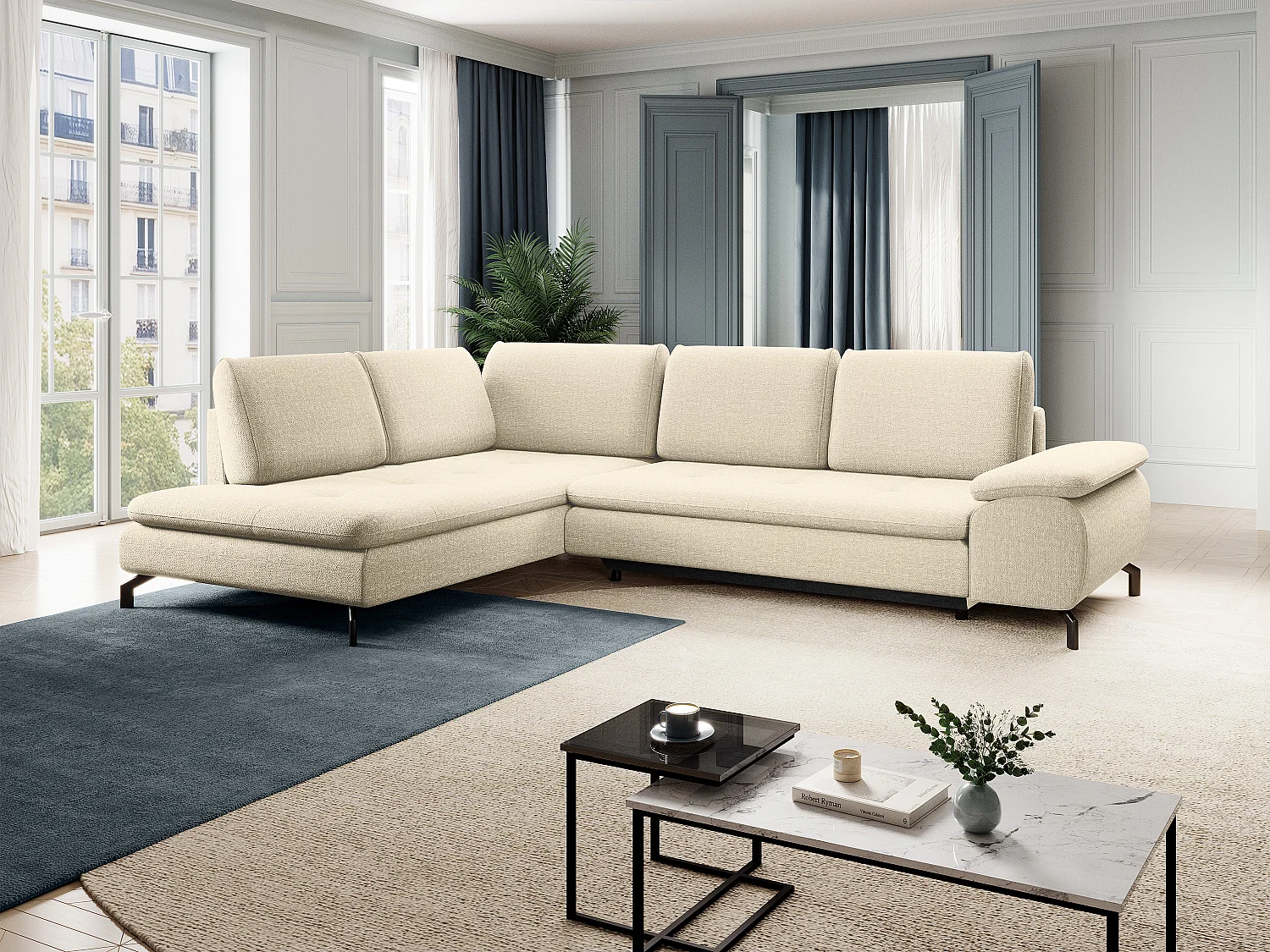 Grote hoekslaapbank met hoek links van beige stof met textuur ARCHIBALD