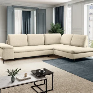 Grote hoekslaapbank met hoek rechts van beige stof met textuur ARCHIBALD Grote hoekslaapbank met hoek rechts van beige stof met textuur ARCHIBALD