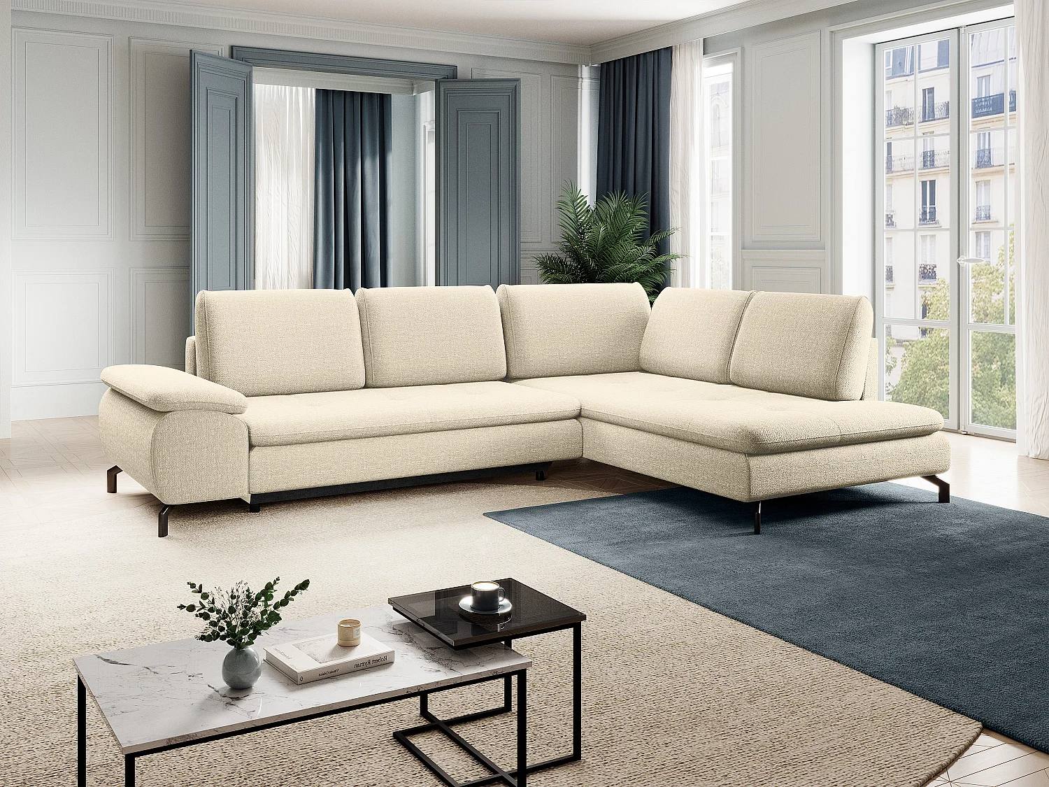 Grote hoekslaapbank met hoek rechts van beige stof met textuur ARCHIBALD