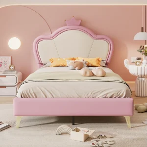 Gestoffeerd bed 90 x 200 cm – Hoofdeinde met kroon – PU leer en metalen poten – Roze + wit (zonder matras)