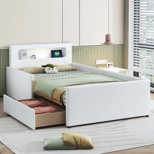 Gestoffeerd bed 90 x 200 cm met 1 lade, nachtlampje en USB-aansluiting – Kunstleer – Wit (zonder matras)