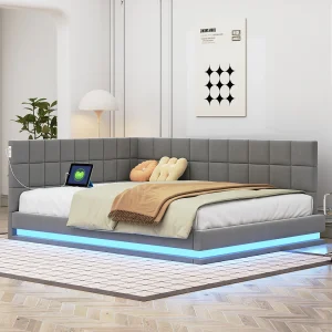 Gestoffeerd bed 140 x 200 cm, slaapbank met zacht hoofdeinde – LED-lichtstrip, USB-aansluiting – stof fluweel – grijs (zonder matras) Gestoffeerd bed 140 x 200 cm, slaapbank met zacht hoofdeinde – LED-lichtstrip, USB-aansluiting – stof fluweel – grijs (zonder matras)