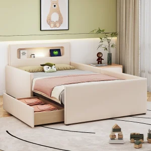 Gestoffeerd bed 90 x 200 cm met 1 lade, nachtlampje en USB-aansluiting – Kunstleer – Beige (zonder matras)