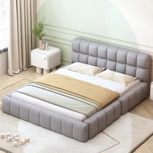 Gestoffeerd bed 140 x 200 cm met zacht hoofdbord en gewatteerde rand, linnen stof, grijs (zonder matras) Gestoffeerd bed 140 x 200 cm met zacht hoofdbord en gewatteerde rand, linnen stof, grijs (zonder matras)