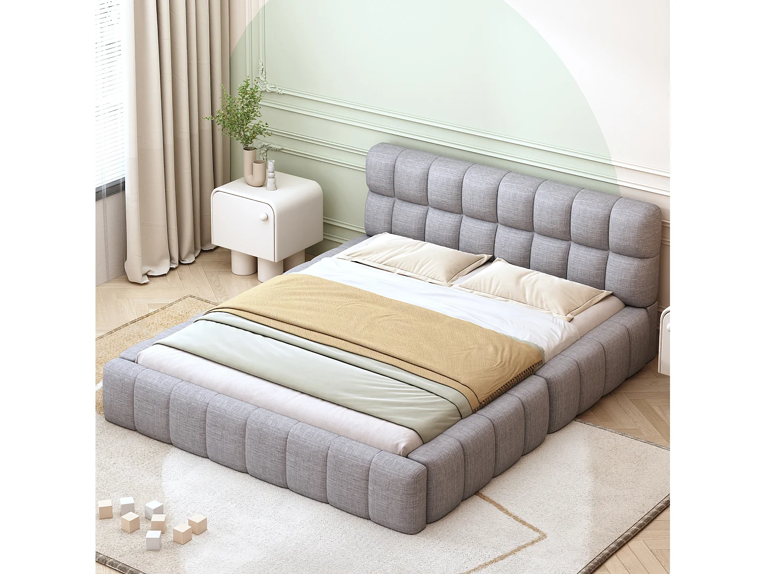Gestoffeerd bed 140 x 200 cm met zacht hoofdbord en gewatteerde rand, linnen stof, grijs (zonder matras)