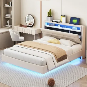 Gestoffeerd bed 140 x 200 cm met USB-aansluiting en LED-verlichting, omkeerbaar hoofdbord, onzichtbaar voetbord, linnenstof, beige (zonder matras) Gestoffeerd bed 140 x 200 cm met USB-aansluiting en LED-verlichting, omkeerbaar hoofdbord, onzichtbaar voetbord, linnenstof, beige (zonder matras)