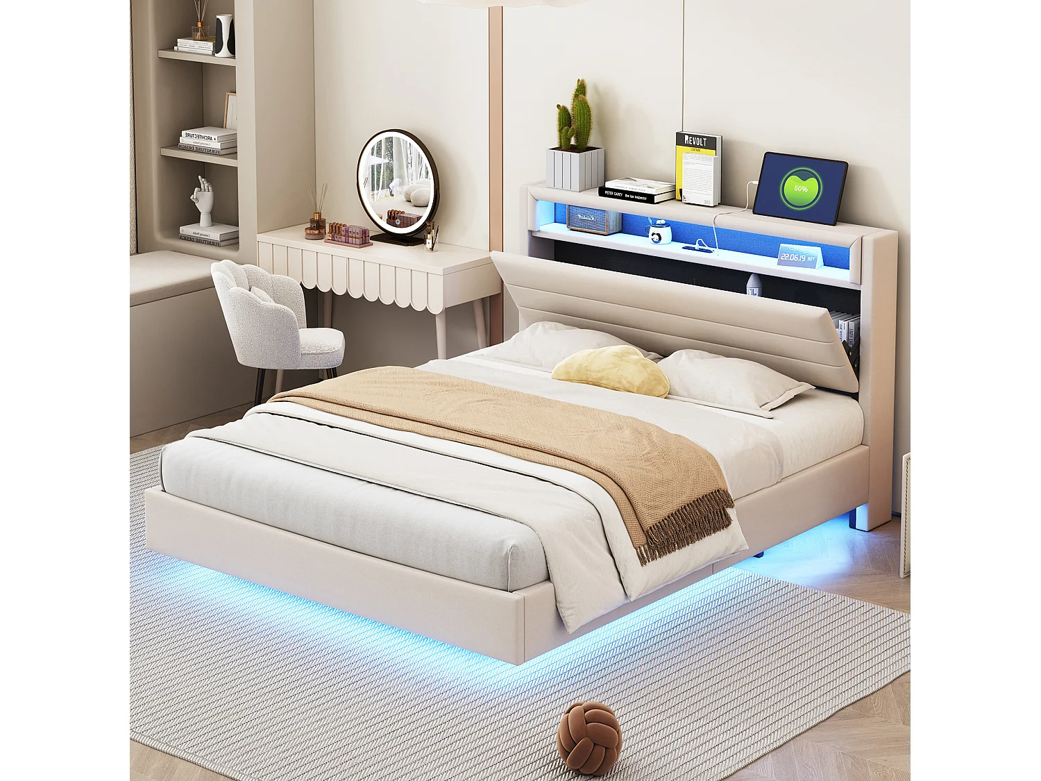 Gestoffeerd bed 140 x 200 cm met USB-aansluiting en LED-verlichting, omkeerbaar hoofdbord, onzichtbaar voetbord, linnenstof, beige (zonder matras)