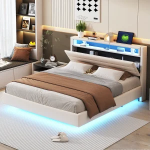 Gestoffeerd bed 160 x 200 cm met USB-aansluiting en LED-verlichting, omkeerbaar hoofdbord, onzichtbaar voetbord, linnenstof, beige (zonder matras) Gestoffeerd bed 160 x 200 cm met USB-aansluiting en LED-verlichting, omkeerbaar hoofdbord, onzichtbaar voetbord, linnenstof, beige (zonder matras)