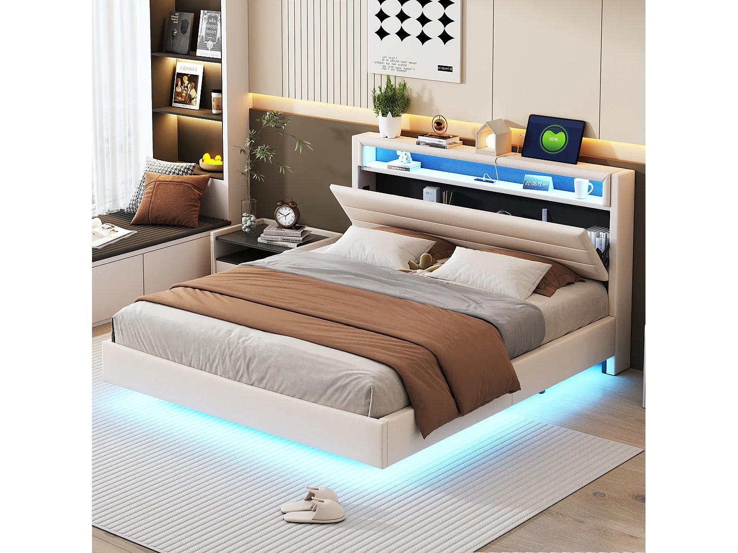 Gestoffeerd bed 160 x 200 cm met USB-aansluiting en LED-verlichting, omkeerbaar hoofdbord, onzichtbaar voetbord, linnenstof, beige (zonder matras)