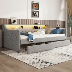 Gestoffeerd bed 90 x 200 cm met hoofdeinde – LED's – 2 laden, USB-oplaadaansluiting en opbergplank – linnen stof – grijs (zonder matras)