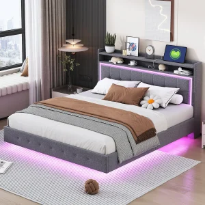 Gestoffeerd bed 160 x 200 cm met opberghoofdeinde, USB-aansluiting en LED-verlichting – linnenstof – grijs (zonder matras)