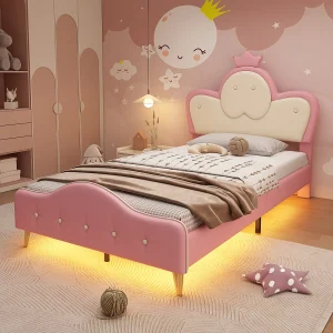 Gestoffeerd bed 90 x 200 cm met hoofdbord – Kroondesign – LED's – PU leer en metalen poten – Roze + wit (zonder matras)