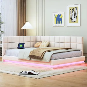Gestoffeerd bed 140 x 200 cm, slaapbank met zacht hoofdeinde – LED-lichtstrip, USB-aansluiting – stof fluweel – beige (zonder matras) Gestoffeerd bed 140 x 200 cm, slaapbank met zacht hoofdeinde – LED-lichtstrip, USB-aansluiting – stof fluweel – beige (zonder matras)