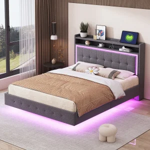 Gestoffeerd bed 140 x 200 cm met opberghoofdeinde, USB-aansluiting en LED-verlichting – linnenstof – grijs (zonder matras) Gestoffeerd bed 140 x 200 cm met opberghoofdeinde, USB-aansluiting en LED-verlichting – linnenstof – grijs (zonder matras)