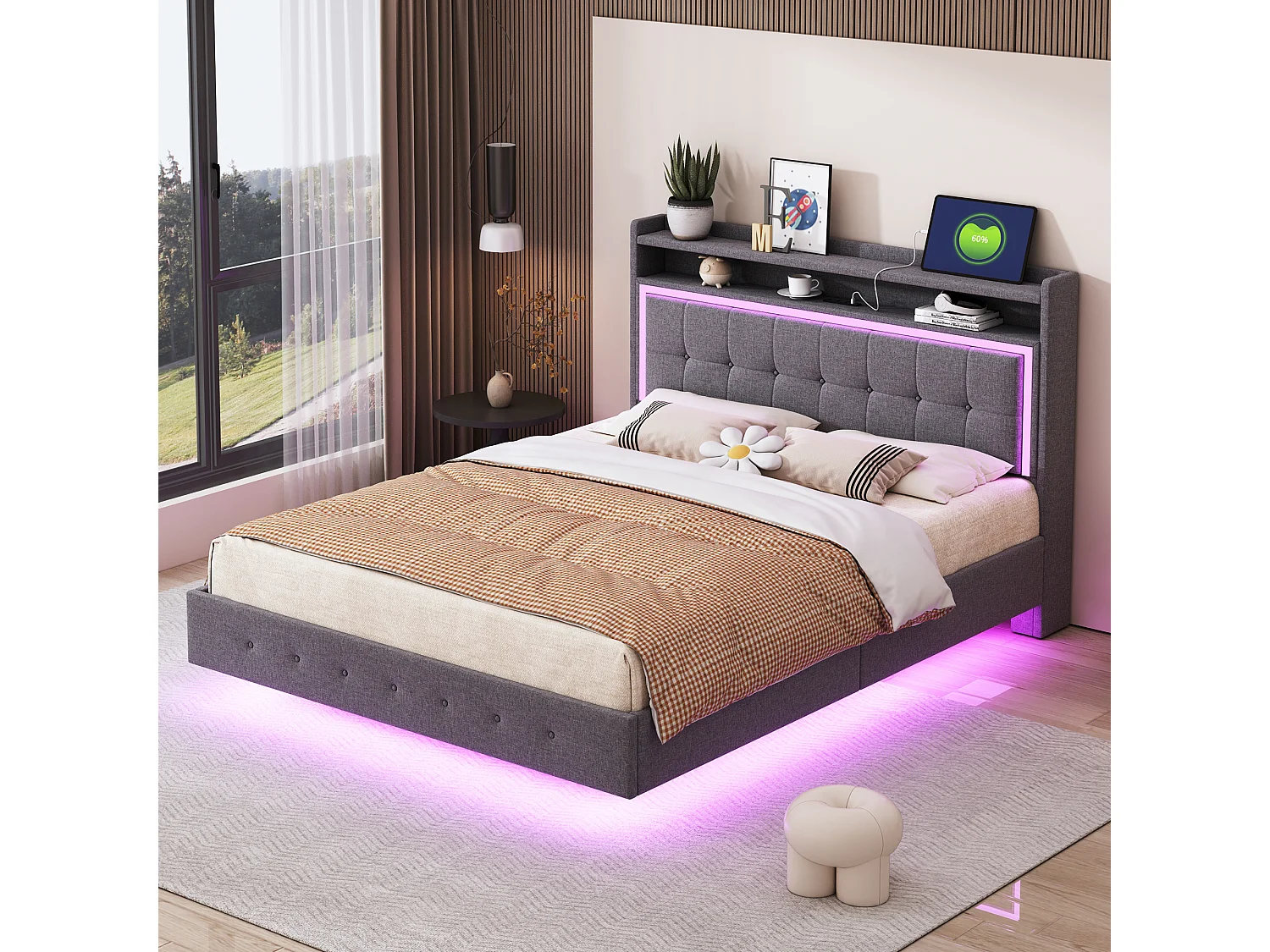 Gestoffeerd bed 140 x 200 cm met opberghoofdeinde, USB-aansluiting en LED-verlichting - linnenstof - grijs (zonder matras)