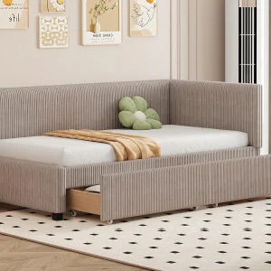 Gestoffeerde slaapbank 90x200cm in fluweel – 2 laden – met lattenbodem – Grijs Gestoffeerde slaapbank 90x200cm in fluweel – 2 laden – met lattenbodem – Grijs