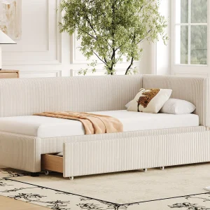 Gestoffeerde slaapbank 90x200cm in fluweel – 2 lades – met lattenbodem – Beige Gestoffeerde slaapbank 90x200cm in fluweel – 2 lades – met lattenbodem – Beige
