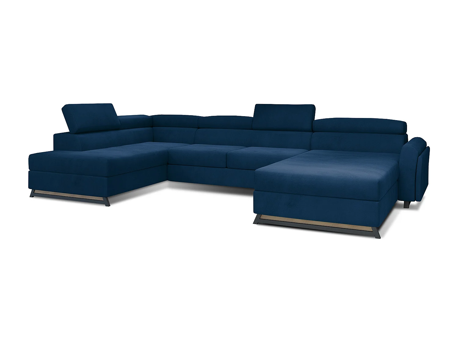 Grote panoramische slaapbank in benzineblauw fluweel met Konba-kist 370 cm-Opslagruimte naar links