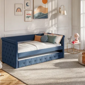 Gewatteerde slaapbank LOUISE – 2 x 90 x 190 cm – Stof blauw