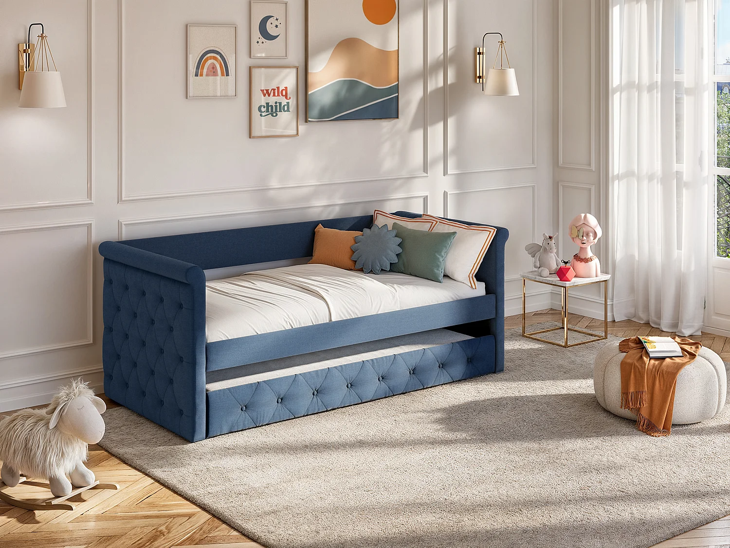 Gewatteerde slaapbank LOUISE - 2 x 90 x 190 cm - Stof blauw