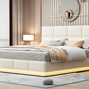 Gestoffeerd opbergbed 180×200 cm met LED verlichting – in kunstleer – Beige Gestoffeerd opbergbed 180×200 cm met LED verlichting – in kunstleer – Beige