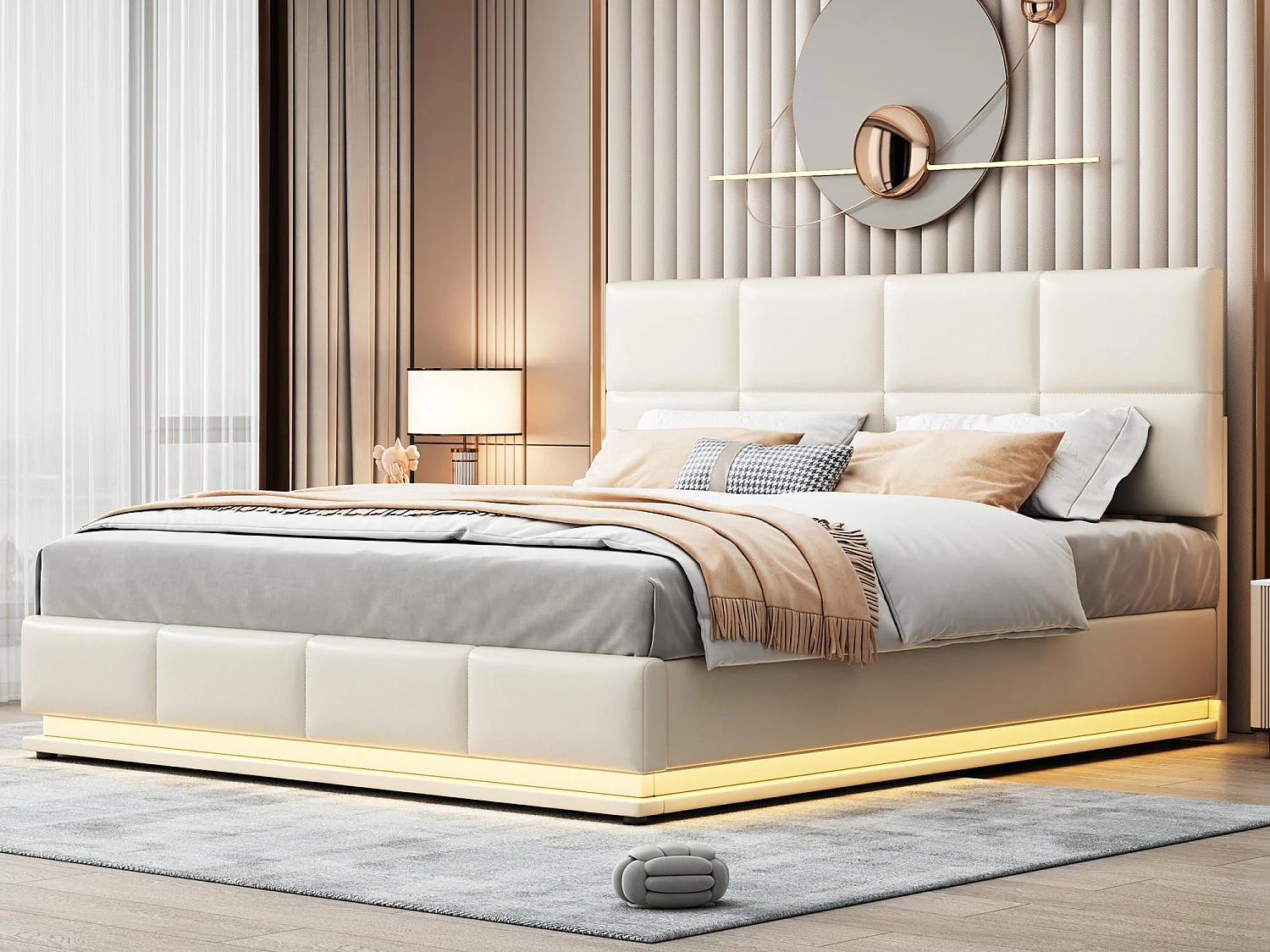 Gestoffeerd opbergbed 180x200 cm met LED verlichting - in kunstleer - Beige