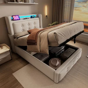Gestoffeerd eenpersoonsbed 90×200 met led-hoofdbord en USB C-lader, hydraulisch bed, beige (zonder matras) Gestoffeerd eenpersoonsbed 90×200 met led-hoofdbord en USB C-lader, hydraulisch bed, beige (zonder matras)