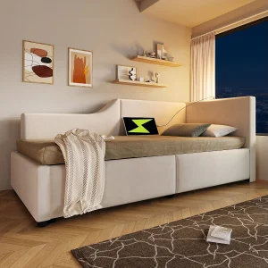 Gestoffeerd daybed 90x200cm, slaapbank met leeslampje en USB-C oplader, beige