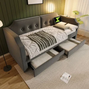 Gestoffeerde slaapbank 90×200 cm, met USB Type-C leeslampje, met 2 opbergladen, grijs (zonder matras) Gestoffeerde slaapbank 90×200 cm, met USB Type-C leeslampje, met 2 opbergladen, grijs (zonder matras)