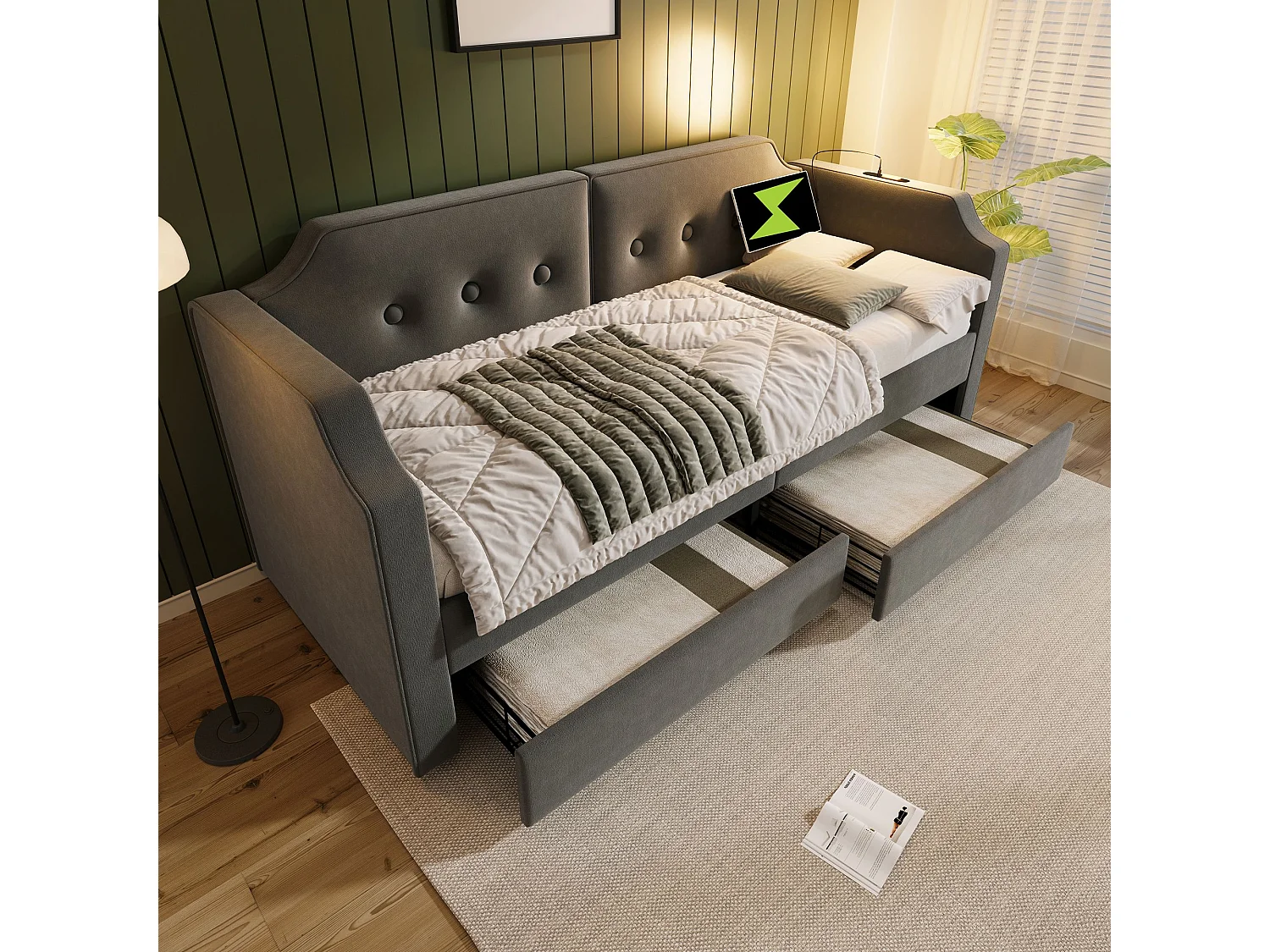 Gestoffeerde slaapbank 90x200 cm, met USB Type-C leeslampje, met 2 opbergladen, grijs (zonder matras)