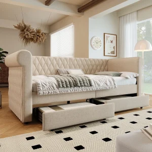 Gestoffeerde slaapbank met retro hoofdeinde 90×200 cm, met 2 opbergladen, beige (zonder matras) Gestoffeerde slaapbank met retro hoofdeinde 90×200 cm, met 2 opbergladen, beige (zonder matras)
